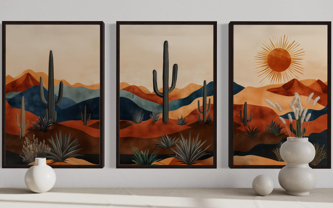 Set of 3 framed mid-century modern Arizona desert wall art with saguaro cacti and a glowing sun.