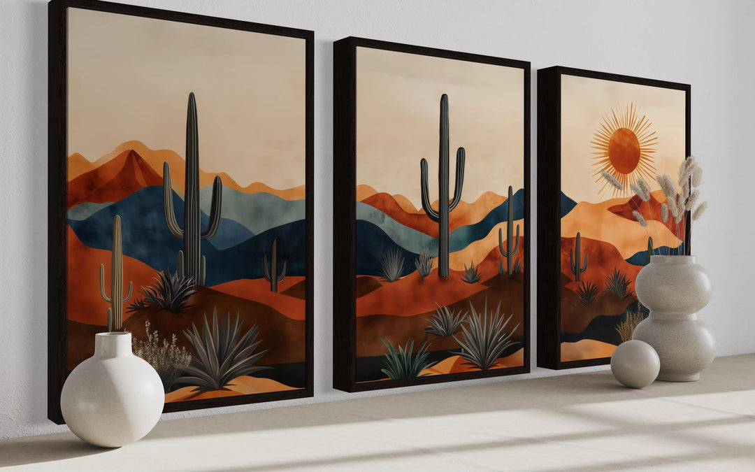 Set of 3 mid-century modern Arizona desert wall art prints with saguaro cacti and a glowing sun.