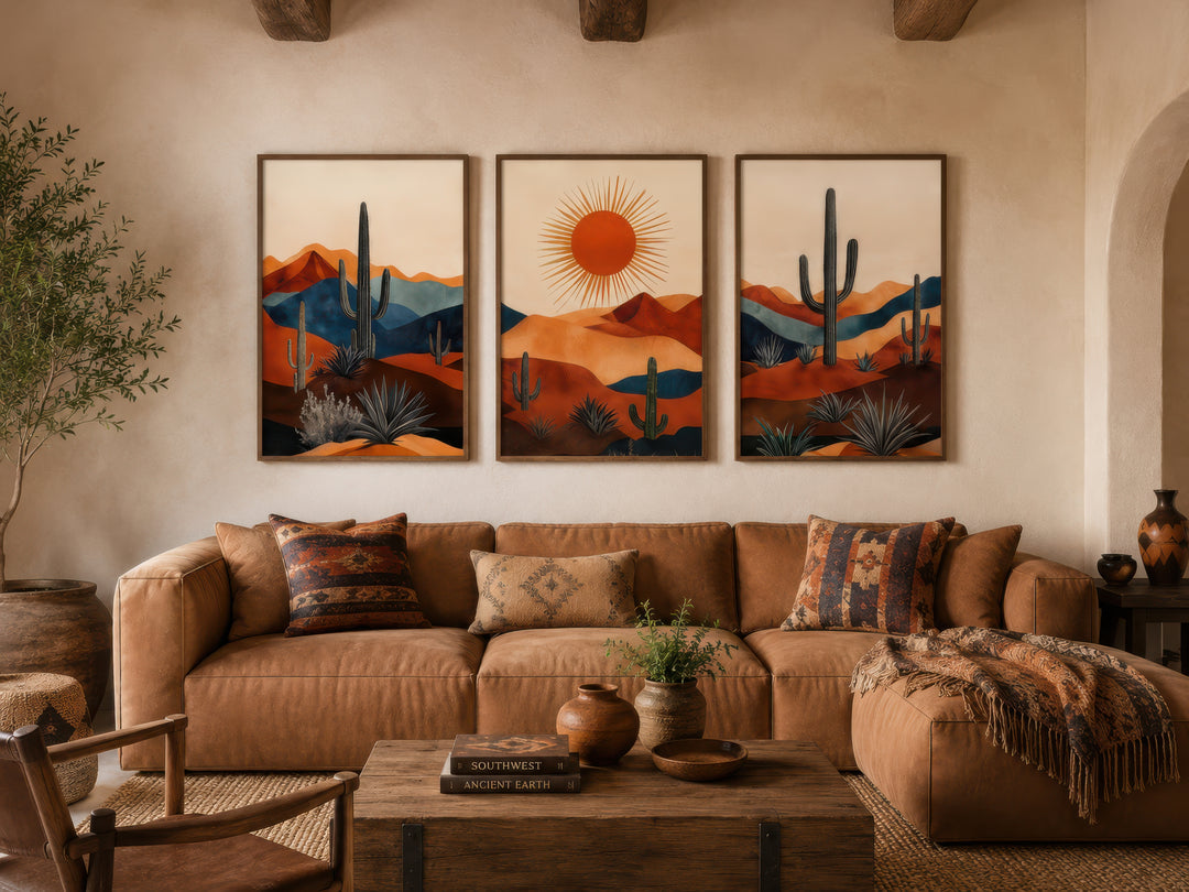 Set of 3 mid-century modern Arizona desert wall art prints with saguaro cacti and a glowing sun.