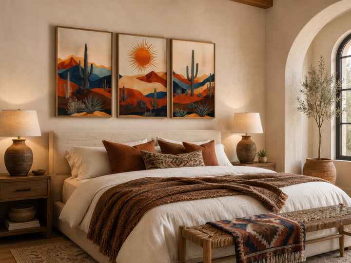Set of 3 mid-century modern Arizona desert wall art prints with saguaro cacti and a sun over a bed.