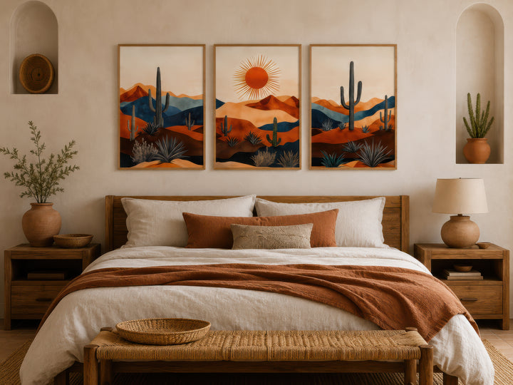 Set of 3 mid-century modern Arizona desert wall art prints featuring saguaro cacti and a sun.