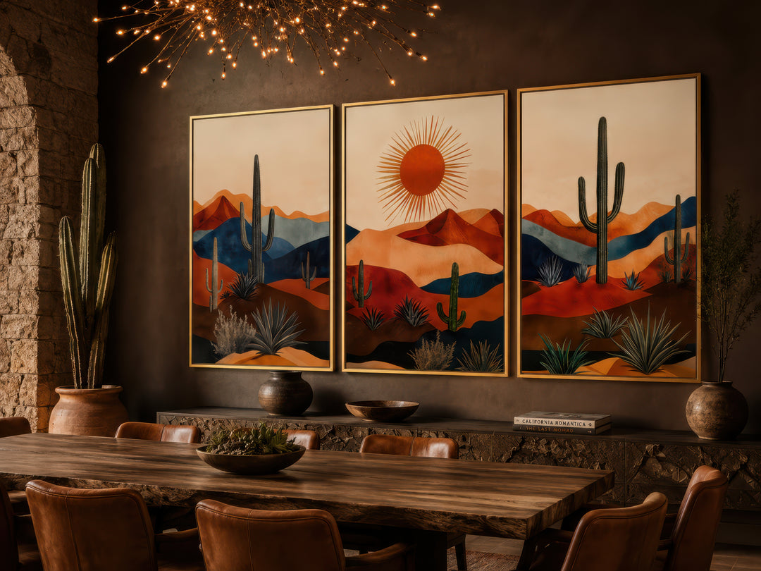 Set of 3 mid-century modern Arizona desert wall art panels with saguaro cacti and a glowing sun.