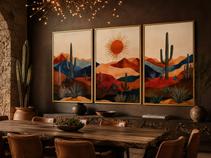 Set of 3 mid-century modern Arizona desert wall art panels with saguaro cacti and a glowing sun.
