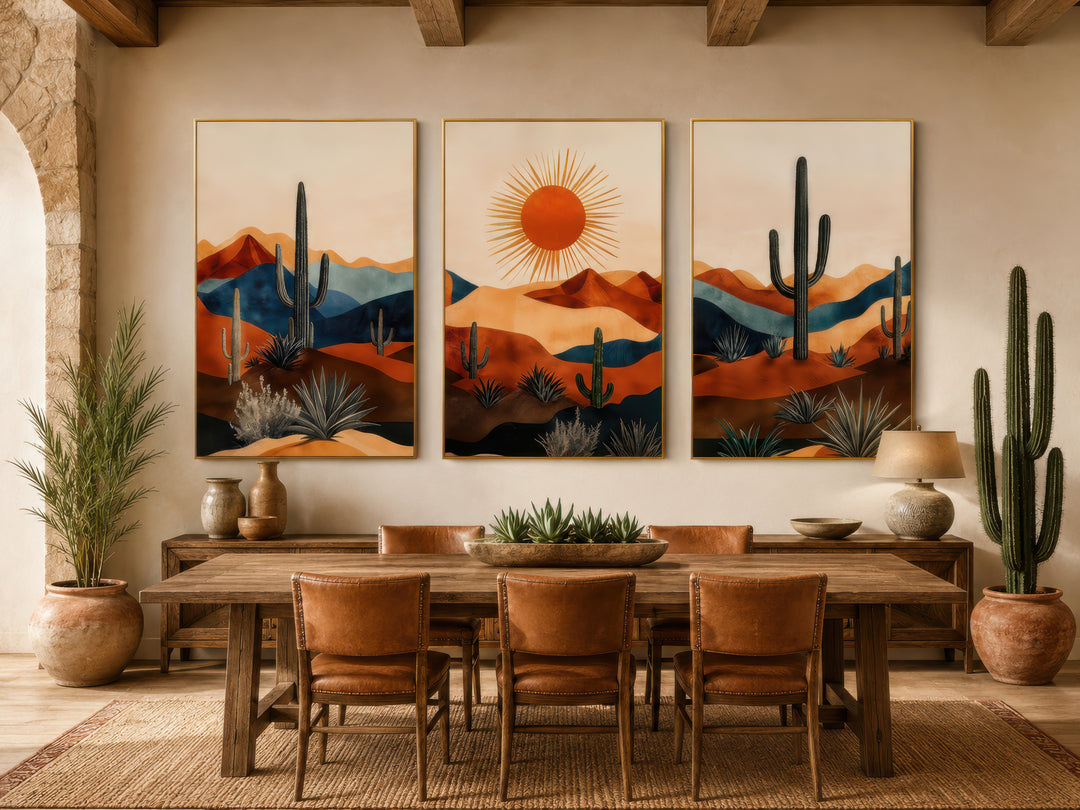 Set of 3 mid-century modern Arizona desert wall art panels with saguaro cacti and a sun over a table.