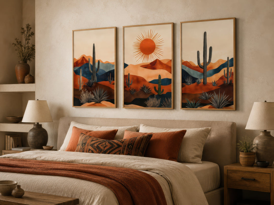 Set of 3 mid-century modern Arizona desert wall art prints with saguaro cacti and a sun over a bed.