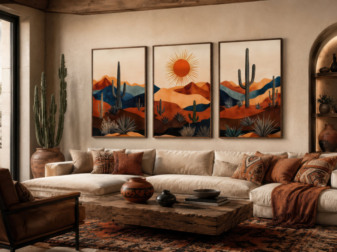 Set of 3 mid-century modern Arizona desert wall art prints with saguaro cacti and a sun over dunes.