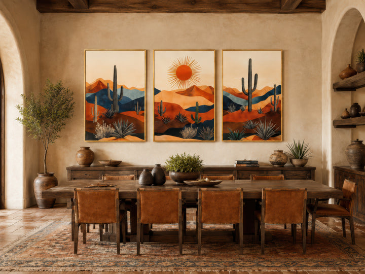 Set of 3 mid-century modern Arizona desert wall art prints with saguaro cacti and a sun landscape.