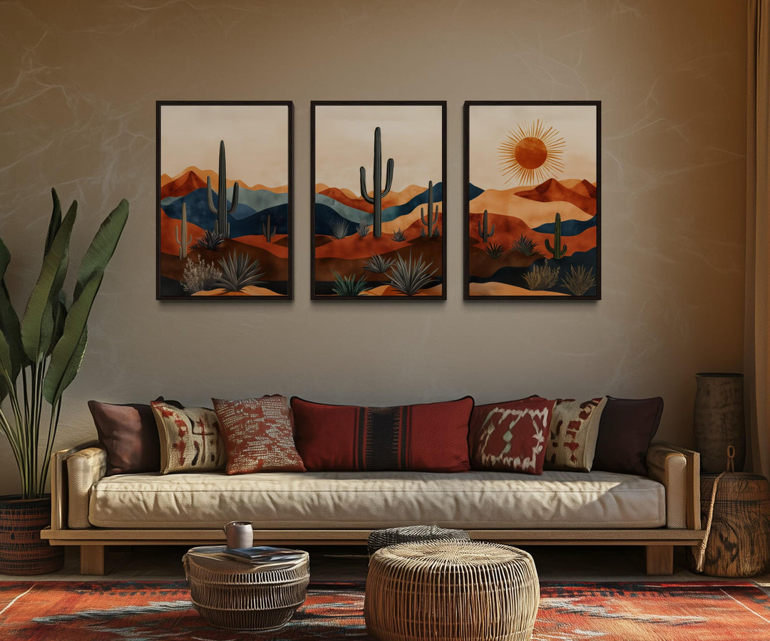 Set of 3 mid-century modern Arizona desert wall art prints featuring saguaro cacti and a sun.