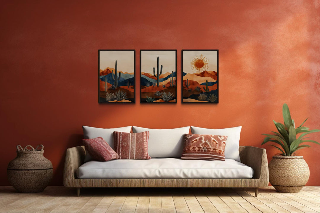 Set of 3 mid-century modern Arizona desert wall art prints featuring saguaro cacti and a sun.