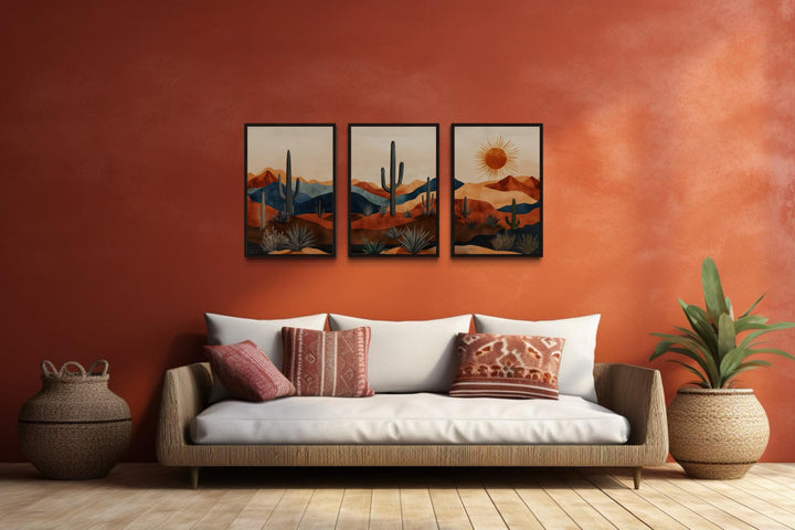 Set of 3 mid-century modern Arizona desert wall art prints featuring saguaro cacti and a sun.