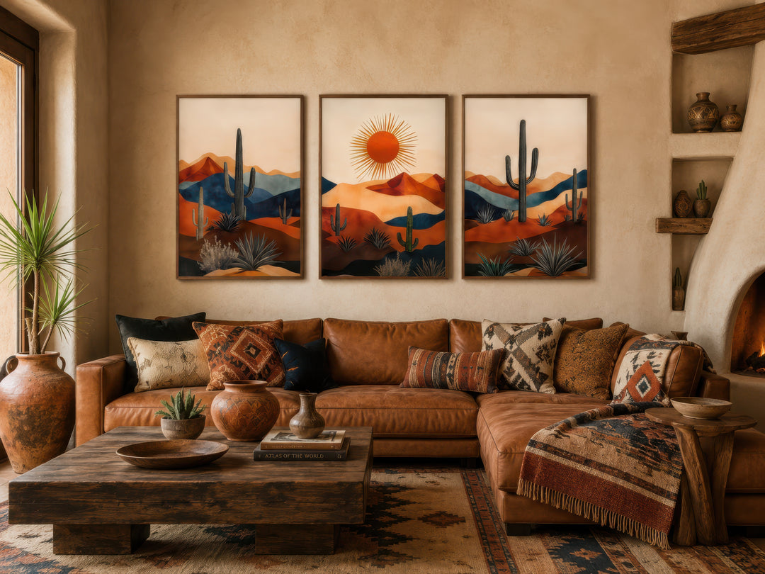 Triptych of mid-century modern Arizona desert art with saguaro cacti and sun above a leather sofa.