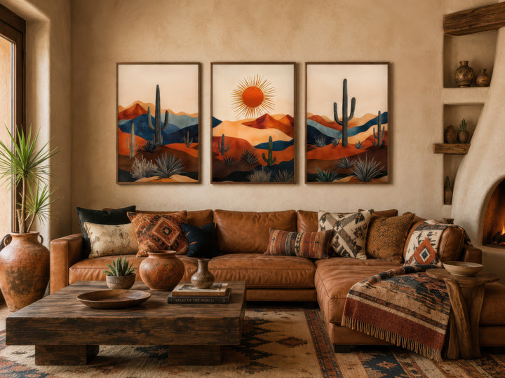 Triptych of mid-century modern Arizona desert art with saguaro cacti and sun above a leather sofa.
