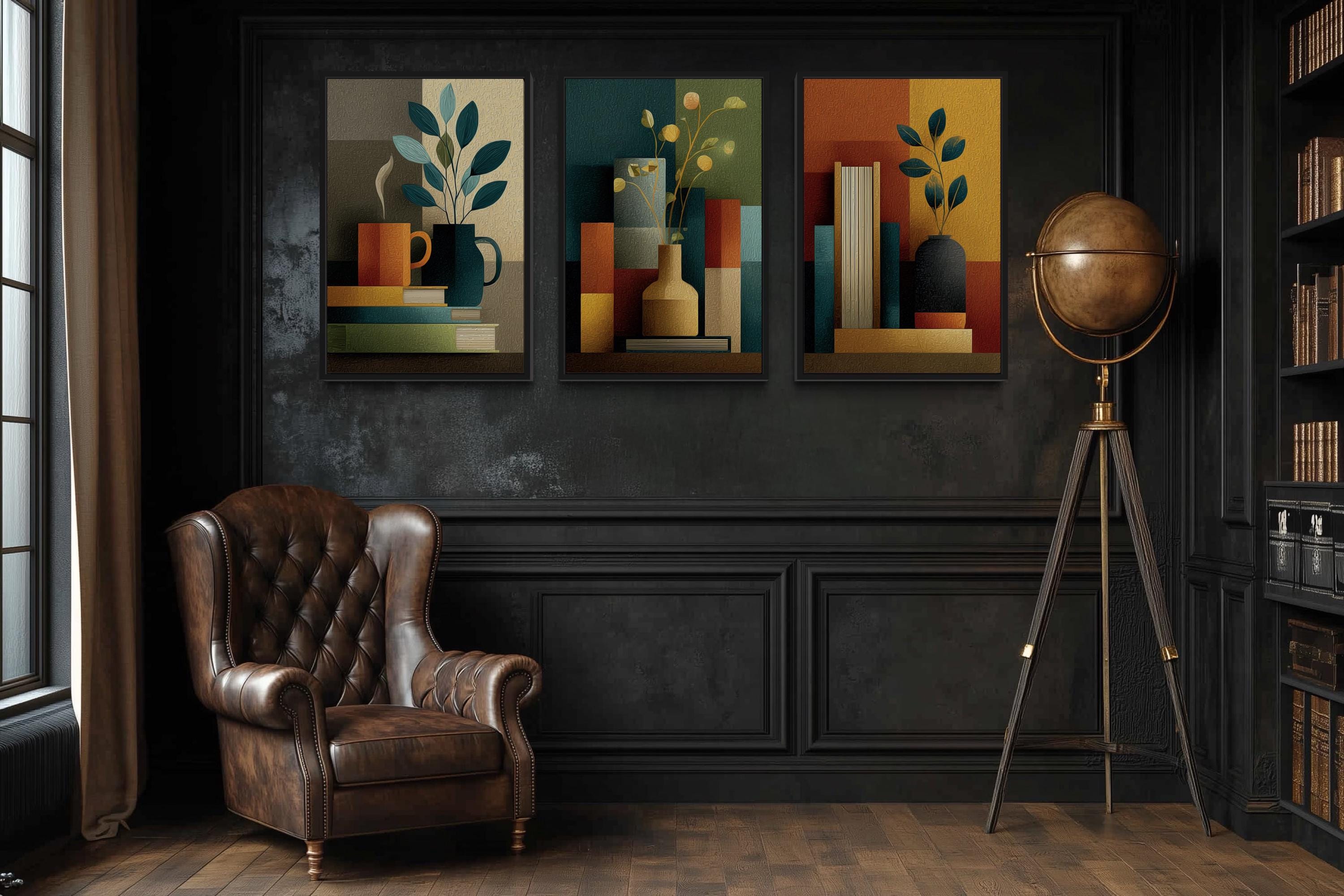 Mid Century Modern Library Wall Decor Set of 3 | Abstract