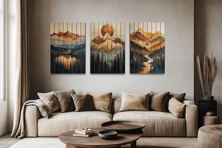 Set of 3 Mountain Sunset Landscape Rustic Distressed Wood Wall Art