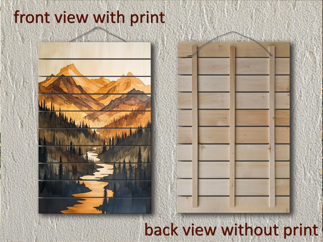 Set of 3 Mountain Sunset Landscape Rustic Distressed Wood Wall Art
