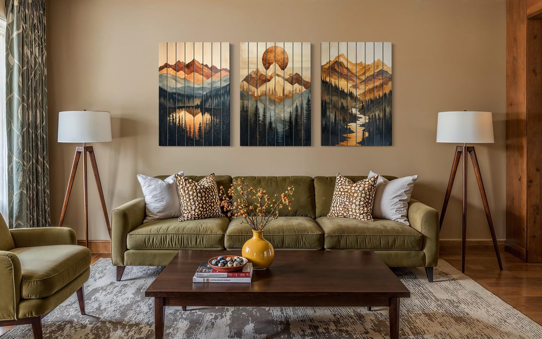 Set of 3 Mountain Sunset Landscape Rustic Distressed Wood Wall Art