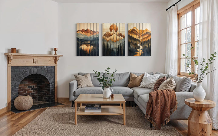 Set of 3 Mountain Sunset Landscape Rustic Distressed Wood Wall Art