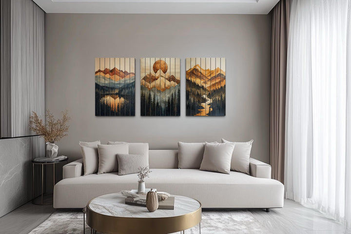 Set of 3 Mountain Sunset Landscape Rustic Distressed Wood Wall Art