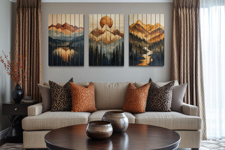 Set of 3 Mountain Sunset Landscape Rustic Distressed Wood Wall Art