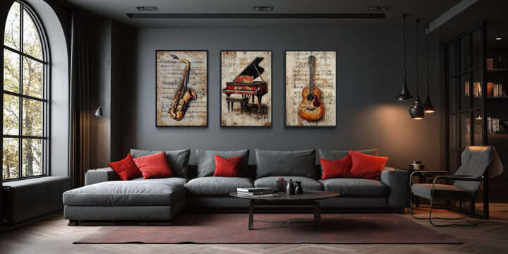 Set of three vertical canvas prints featuring a saxophone, piano, and guitar over musical notes.
