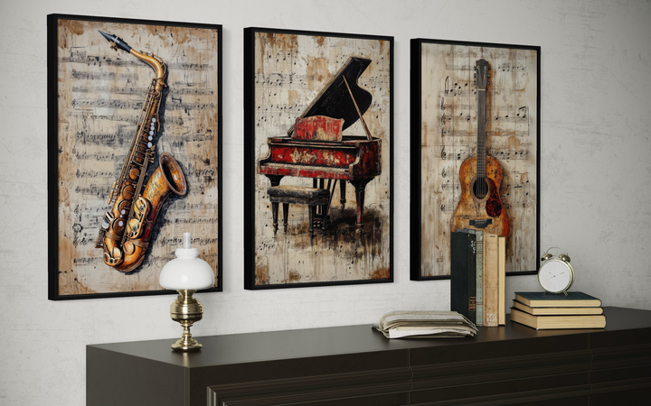 Set of 3 music wall art prints featuring a saxophone, piano, and guitar over sheet music backgrounds.