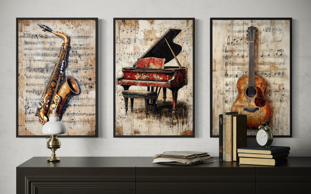 Set of 3 music wall art prints featuring a saxophone, piano, and guitar over sheet music backgrounds.