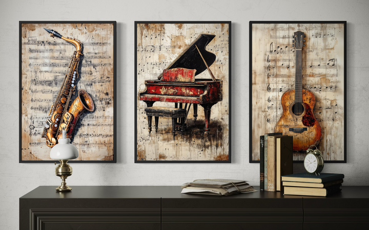 Set of 3 music wall art prints featuring a saxophone, piano, and guitar over sheet music backgrounds.