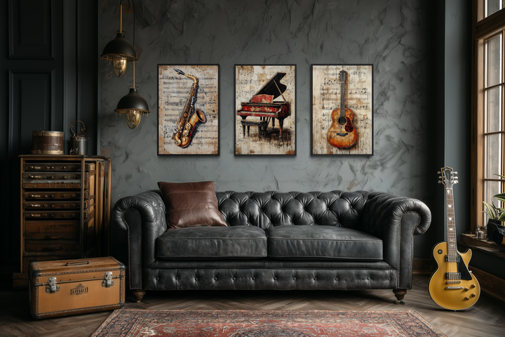 Set of 3 music wall art canvas prints featuring a piano, guitar, and saxophone on musical notes.