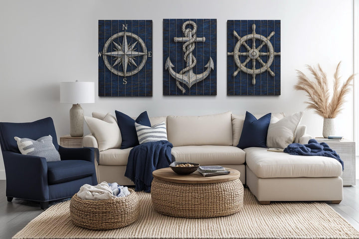 Set of 3 Nautical Distressed Wood Wall Art With Compass, Anchor And Ship Wheel