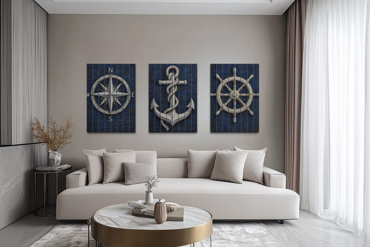 Set of 3 Nautical Distressed Wood Wall Art With Compass, Anchor And Ship Wheel