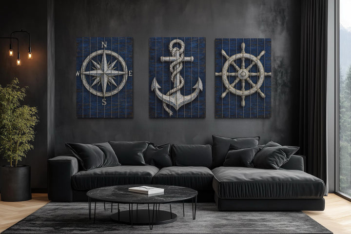 Set of 3 Nautical Distressed Wood Wall Art With Compass, Anchor And Ship Wheel