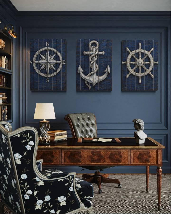 Set of 3 Nautical Distressed Wood Wall Art With Compass, Anchor And Ship Wheel