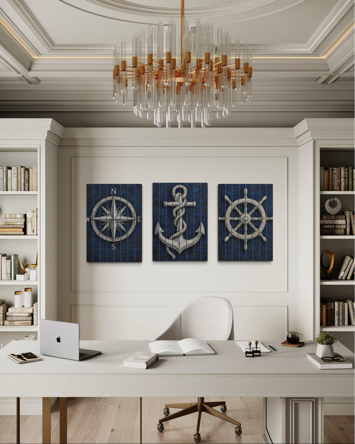Set of 3 Nautical Distressed Wood Wall Art With Compass, Anchor And Ship Wheel