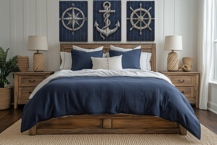 Set of 3 Nautical Distressed Wood Wall Art With Compass, Anchor And Ship Wheel
