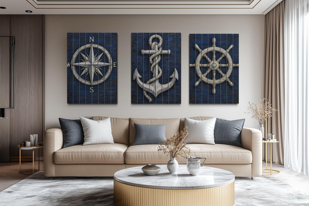 Set of 3 Nautical Distressed Wood Wall Art With Compass, Anchor And Ship Wheel