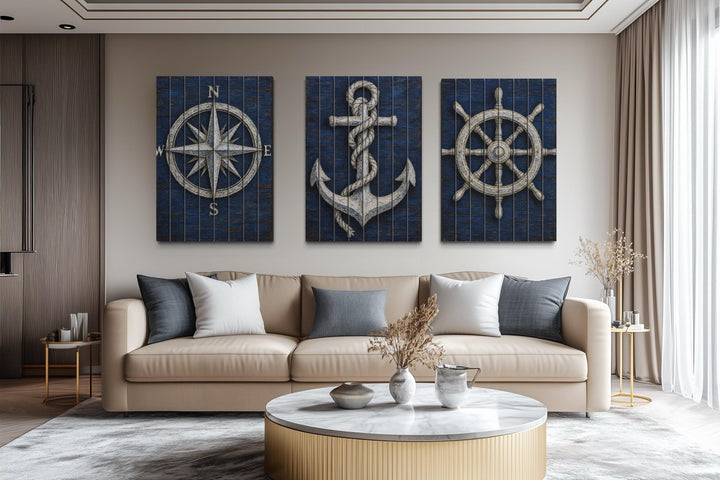 Set of 3 Nautical Distressed Wood Wall Art With Compass, Anchor And Ship Wheel