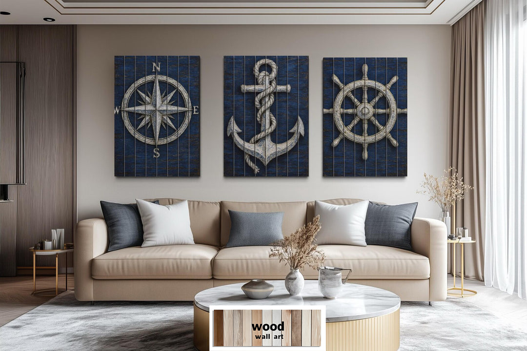 Set of 3 Nautical Distressed Wood Wall Art With Compass, Anchor And Ship Wheel