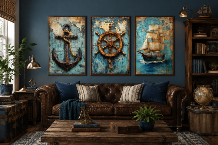 Set of 3 nautical wall art featuring a vintage ship, anchor, and helm over antique blue maps.