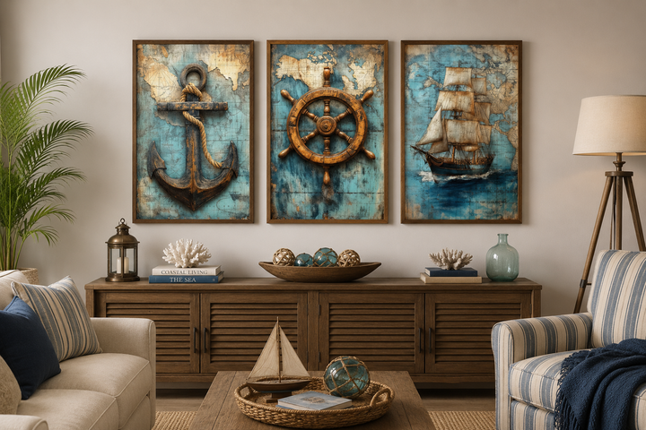 Set of 3 nautical wall art featuring an anchor, helm, and ship on vintage blue antique maps.