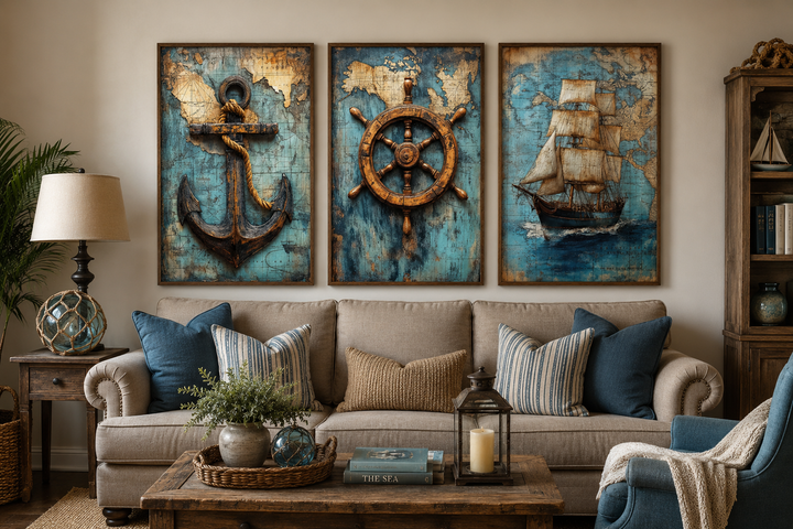 Set of 3 nautical wall art panels featuring an anchor, helm, and ship on antique map backgrounds.