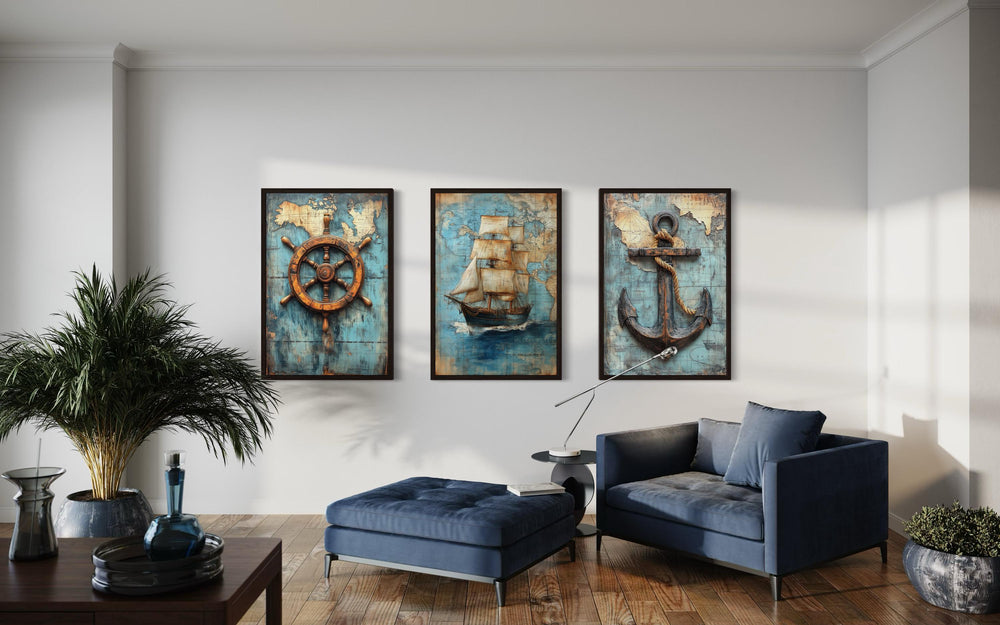 Set of 3 Nautical Wall Art - Vintage Ship, Anchor And Helm On Antique Map