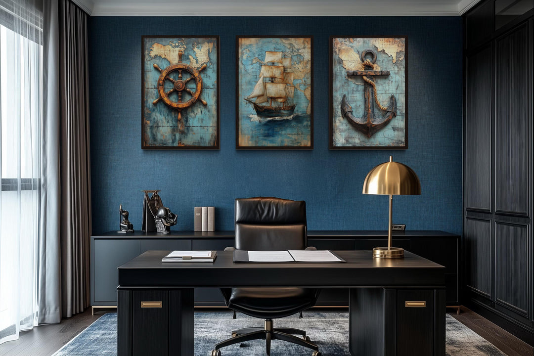 Set of 3 Nautical Wall Art - Vintage Ship, Anchor And Helm On Antique Map