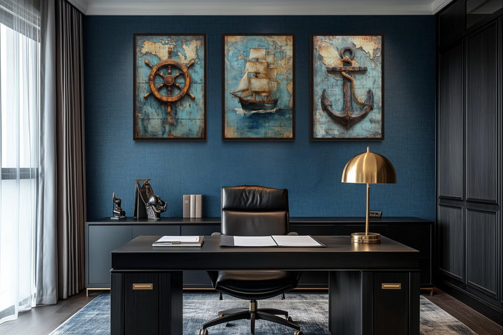 Set of 3 Nautical Wall Art - Vintage Ship, Anchor And Helm On Antique Map