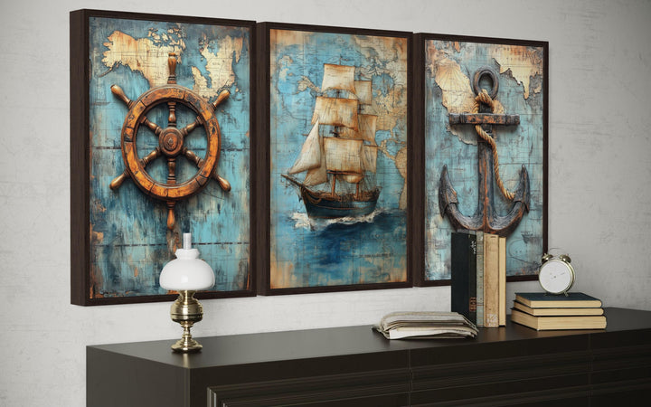 Set of 3 nautical wall art featuring a vintage ship, anchor, and helm over antique maps.