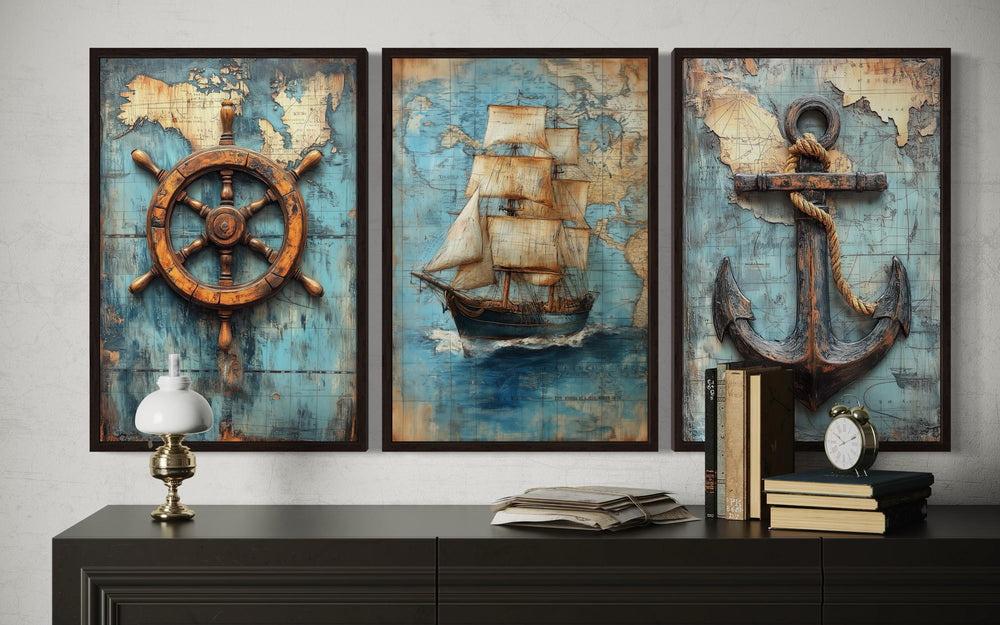 Set of 3 nautical wall art featuring a vintage ship, anchor, and helm over antique maps.