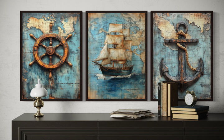 Set of 3 Nautical Wall Art - Vintage Ship, Anchor And Helm On Antique Map