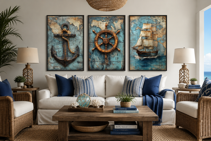 Set of 3 nautical wall art prints featuring a vintage ship, anchor, and helm on antique maps.