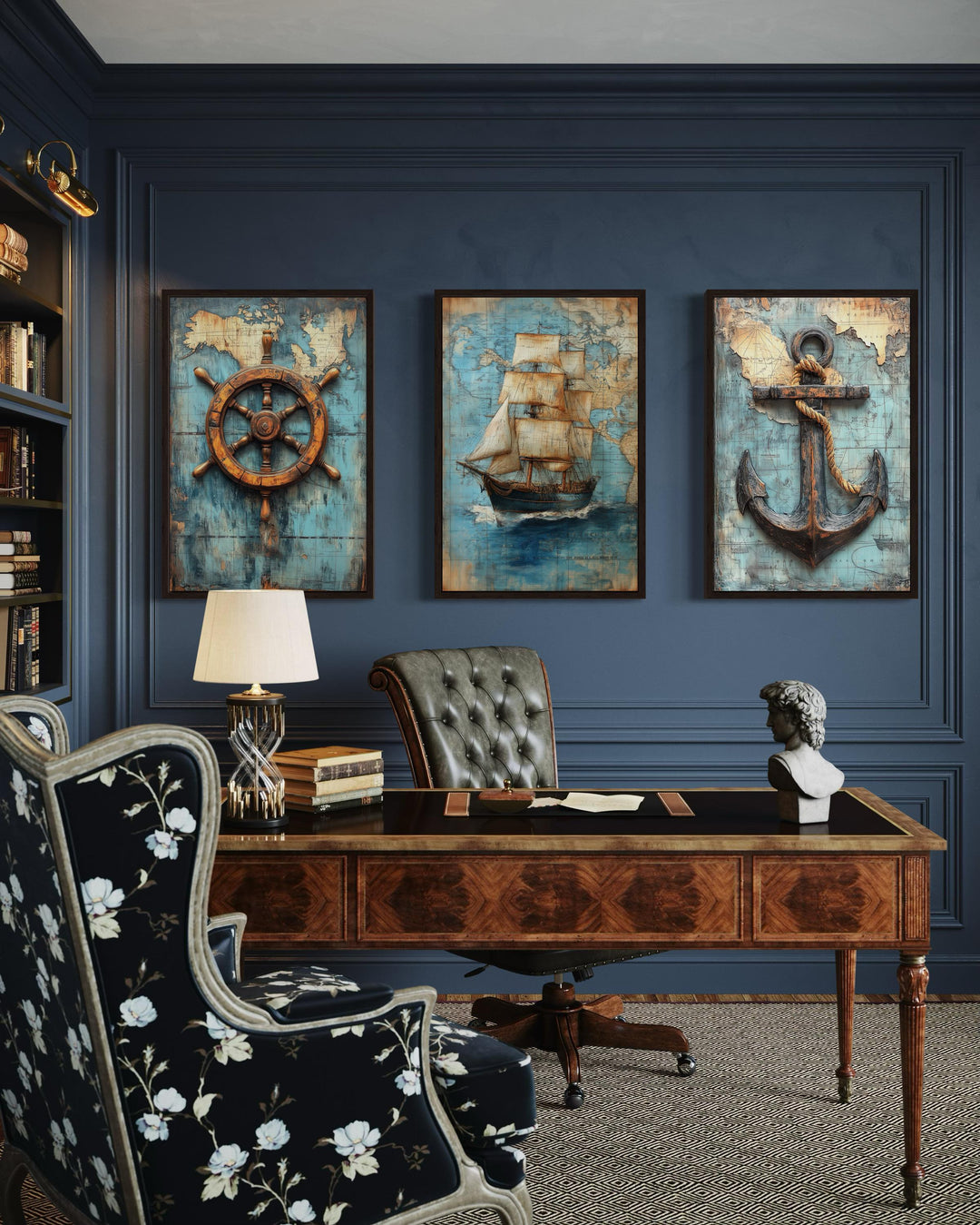 Set of 3 Nautical Wall Art - Vintage Ship, Anchor And Helm On Antique Map