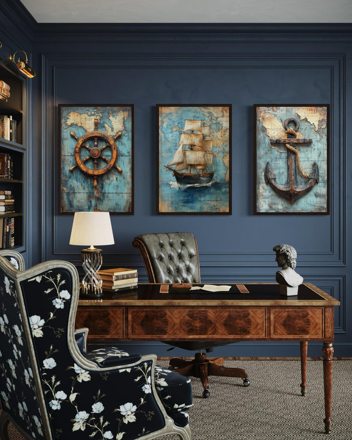 Set of 3 Nautical Wall Art - Vintage Ship, Anchor And Helm On Antique Map