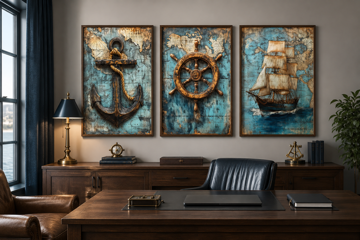 Set of 3 nautical wall art featuring a vintage ship, anchor, and helm over antique blue maps.